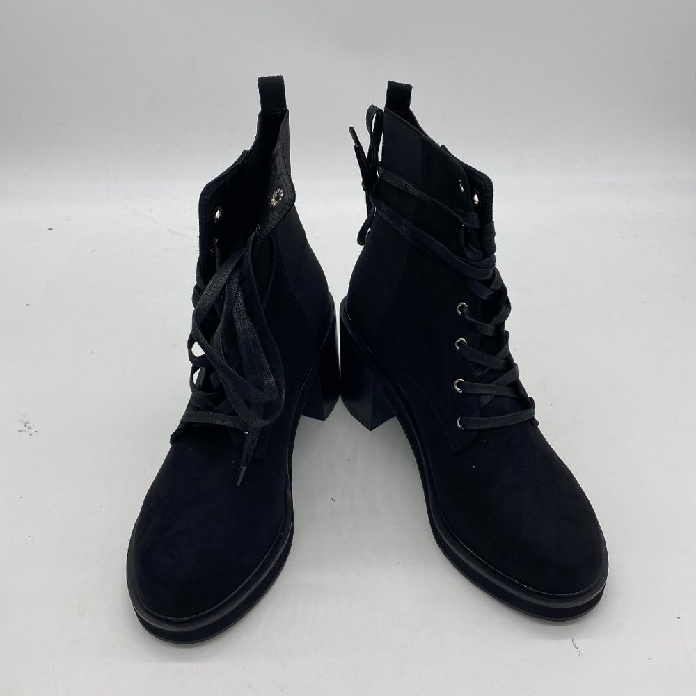 Black Round Toe Lace Up Classical Zipper Block Heel Ankle Booties